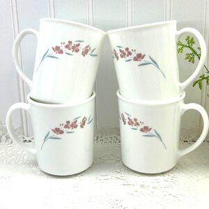 Vintage Corning 4 Silk Blossoms Coffee/Tea Cups 8 oz White Pink
